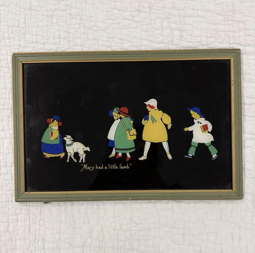 Vintage Mary Had a Little Lamb Wood Wall Frame Green/Gold Trim 13x7 MPN 425